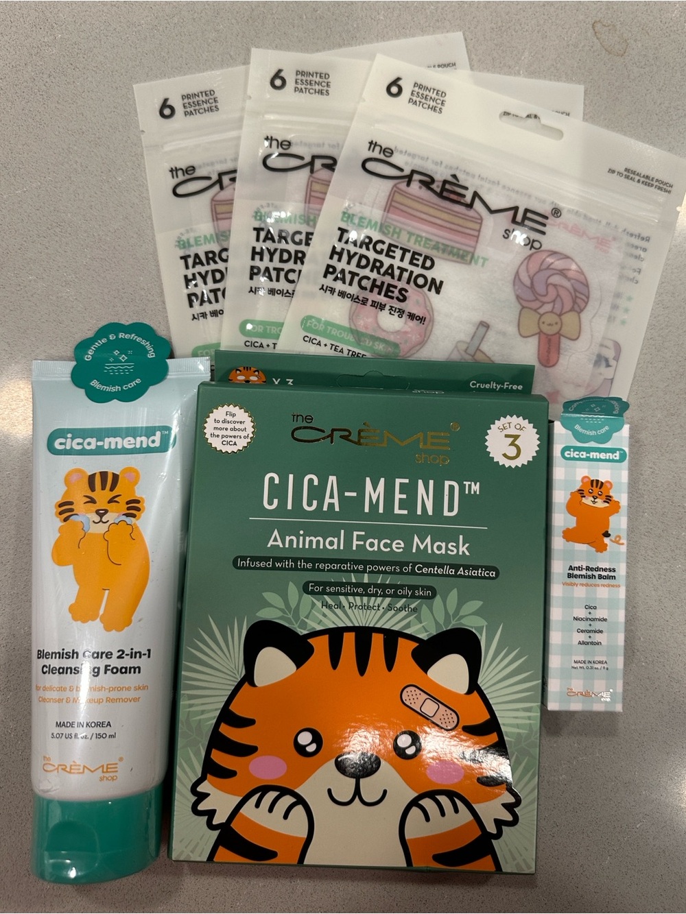 The Crème Shop Cica-Mend 4pc Set (Acne Patches, Cleanser, Balm, Face Masks) NEW